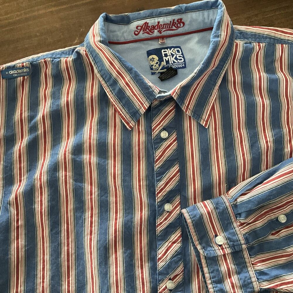Akademiks Shirt Mens 3XL Blue Stripe Long Sleeve Button Up Streetwear Hip Hop